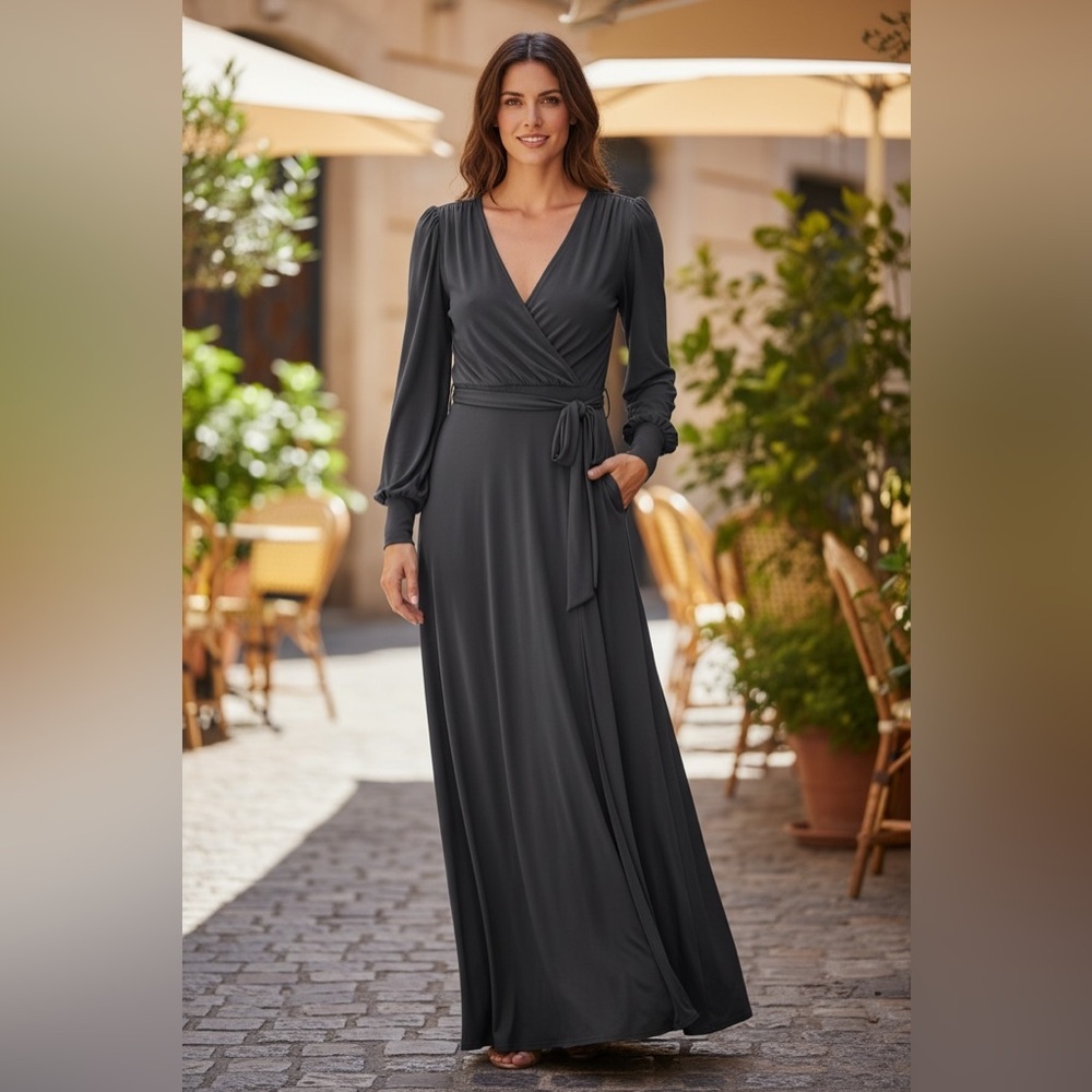 Janette Chic Charcoal Long Sleeve Maxi Dress